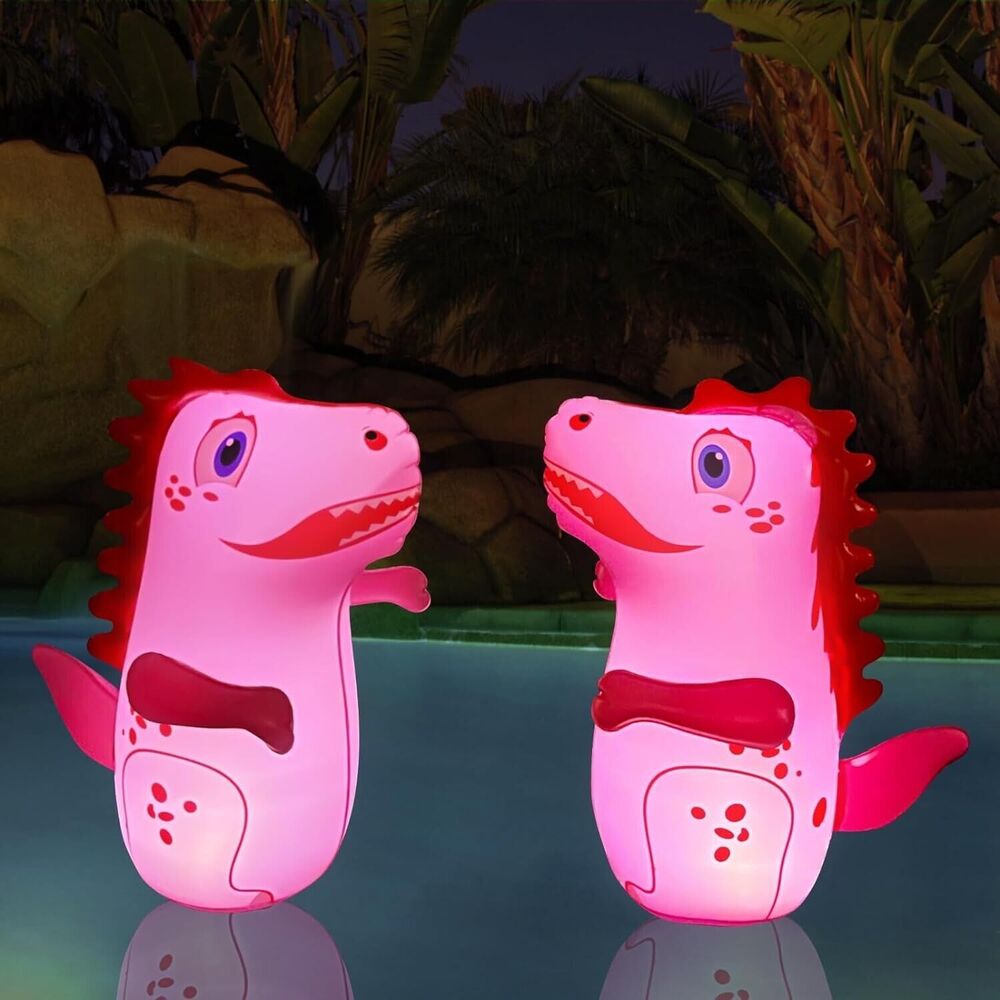2 Pool Inflatable Pink Dinosaurs Floating Waterproof Solar Colorful Pool Lights